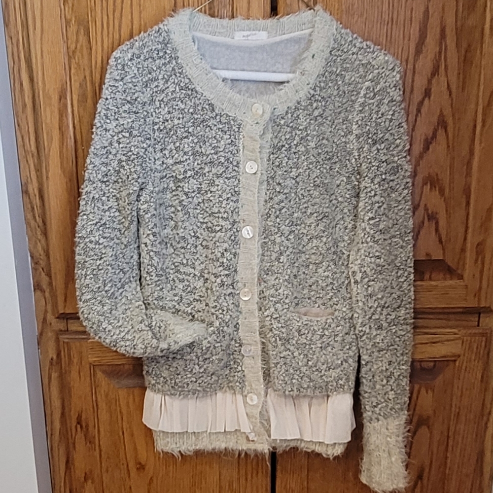 Mystree Light Gray Textured Button-Front Cardigan with Pleated Hem